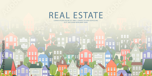 Real Estate, Rent, Residential Area banner with cute cartoon flat town, house illustrations, copyspase, web home page template