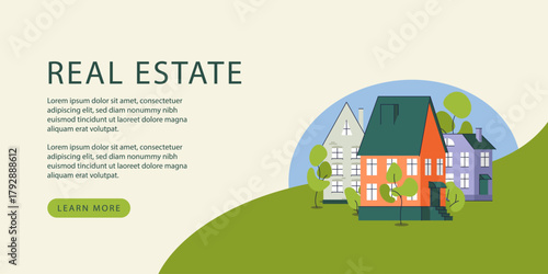 Real Estate, Rent, Residential Area banner with cute cartoon flat town, house illustrations, copyspase, web home page template