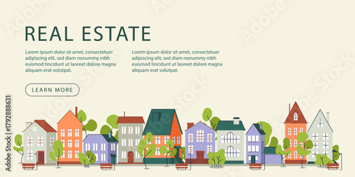 Real Estate, Rent, Residential Area banner with cute cartoon flat town, house illustrations, copyspase, web home page template