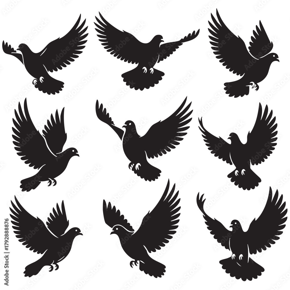 Fototapeta premium Dove silhouette black flying bird isolated on white background. style vector illustration.