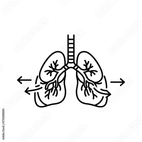 Line art illustration of human lungs showing airflow in and out