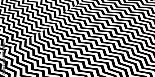Abstract black and white zigzag pattern with a curved dividing line creating a dynamic optical illusion