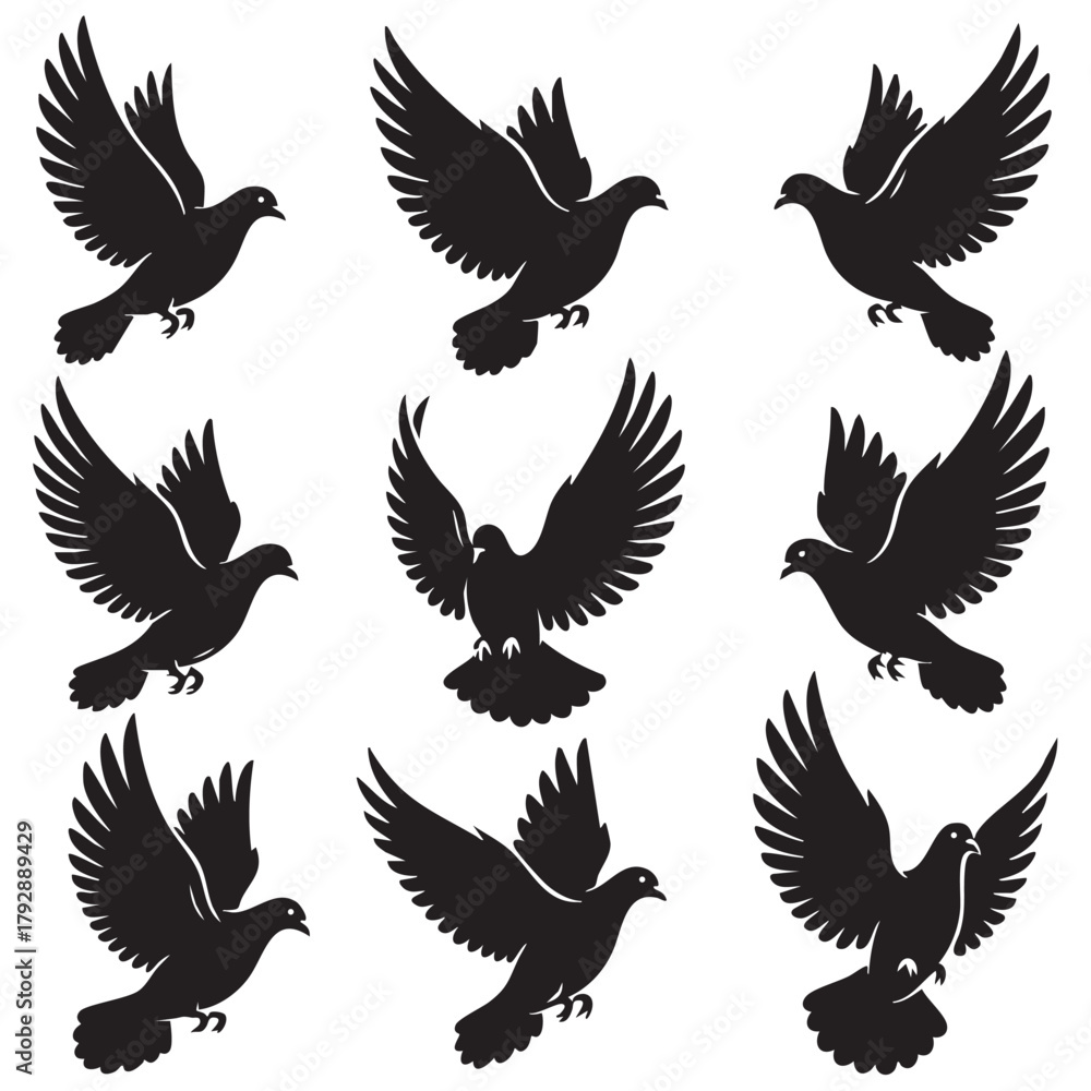 Fototapeta premium Dove silhouette black flying bird isolated on white background. style vector illustration.