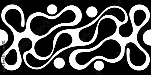 Abstract flowing organic shapes and circles in a repeating pattern on a black background