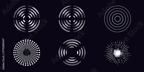 Collection of six abstract circular geometric graphic design elements with brush stroke and dot patterns