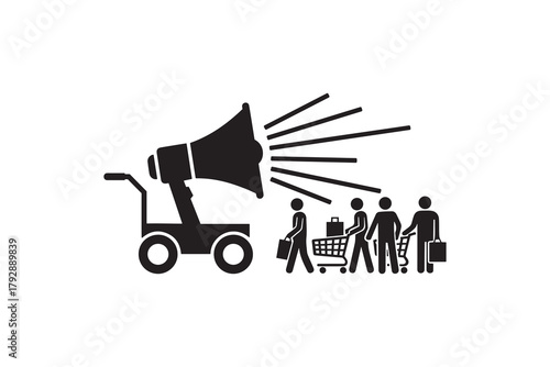 Marketing megaphone influencing consumers illustration Black and white silhouette of advertising impact on shoppers