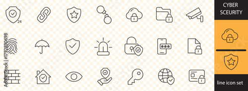 ciber security line icon set with editable stroke, featuring threats, security warning, email virus, secure, code issue, data encription, verification, data leak, online, etc