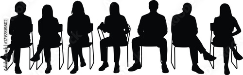 Silhouette vector illustration of people sitting on chairs, men and women in different poses, business meeting or waiting room concept design.