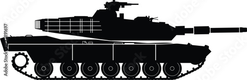 Silhouette vector illustration of modern military tank, heavy armored vehicle with cannon and tracks, war machine design for defense and combat concept.