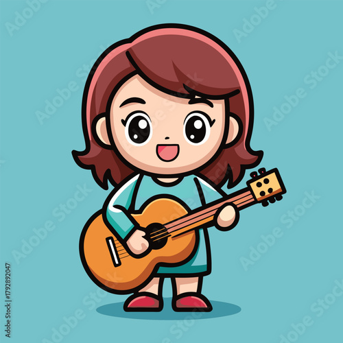 Little cartoon girl playing acoustic guitar cheerfully alone.