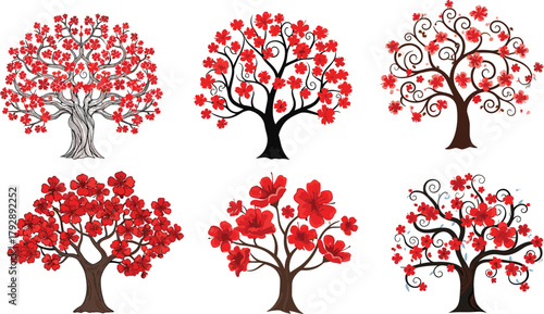 Six decorative red flowering trees with artistic swirls, vector illustration for spring floral design and decor