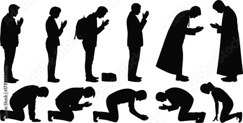 Silhouette vector of diverse prayer poses, worship postures, religious devotion, spiritual reflection, kneeling and bowing figures, cultural reverence, black illustration art