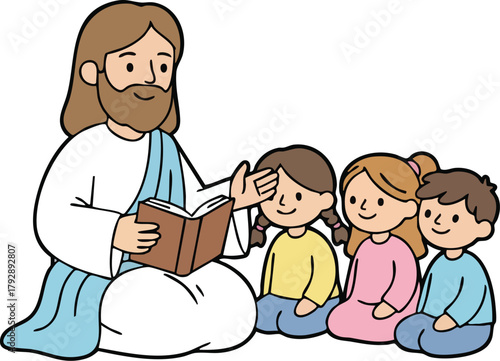 Jesus Christ reading the bible book to kids sitting around 