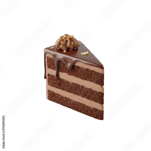 A Decadent Slice of Chocolate Layer Cake Drizzled with Rich Ganache and Topped with Cream and Nuts Isolated on a Transparent Background