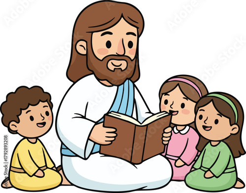 Jesus Christ reading the bible book to kids sitting around 