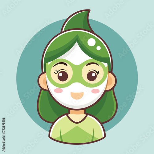 Smiling cartoon woman with green hair, facial mask and eye pads