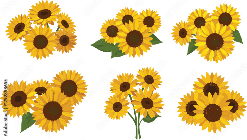 Fototapeta premium Sunflower bouquet collection, bright yellow floral design, summer blossom, botanical illustration set