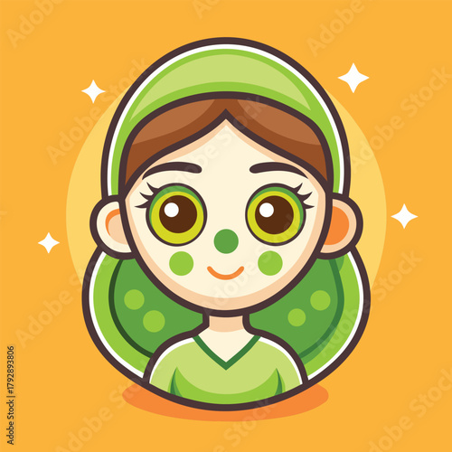 Cute cartoon girl with green face mask and head wrap, skincare