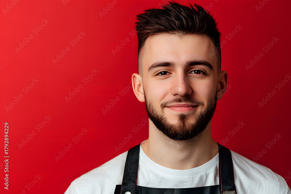 Fototapeta premium Young Barber in Apron Against Red Background