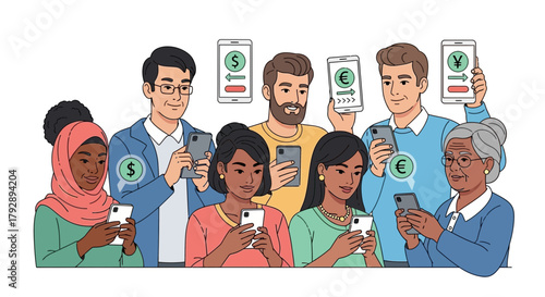 Diverse group of people using smartphones for financial transactions and currency exchange online