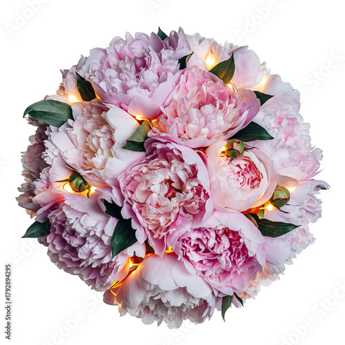 A Delicate Round Bouquet of Soft Pink and Lavender Peony Blossoms Adorned with Tiny Warm Lights and Green Leaves Isolated on a Pure White Background