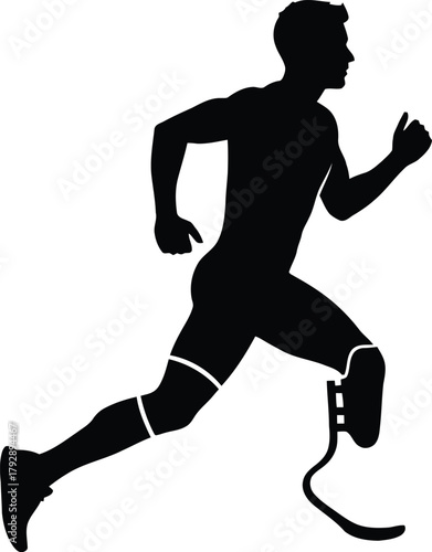 Silhouette of a male athlete with a prosthetic leg running.