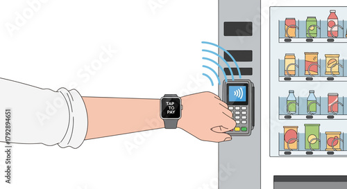 Person using a smartwatch to tap and pay at a modern vending machine for drinks and snacks