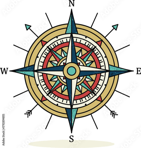 Retro Compass Rose Icon, Detailed Vintage Navigation Symbol with Cardinal Directions, Exploration and Adventure Vector Graphic