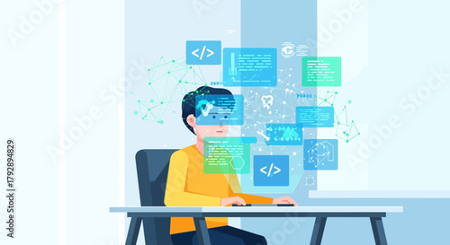 Person wearing virtual reality headset interacting with holographic digital data and code interfaces for futuristic technology and programming