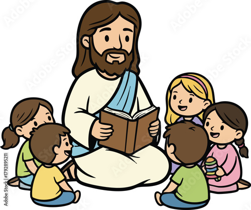 Jesus Christ reading the bible book to kids sitting around 