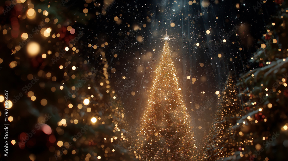 Naklejka premium Golden Christmas Dream: A radiant Christmas tree gleams amidst a magical winter wonderland, adorned with shimmering lights and a sprinkling of festive snow. 