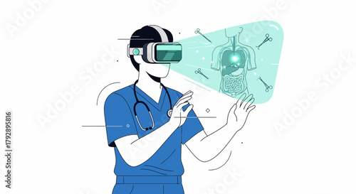 Doctor wearing virtual reality headset interacting with a holographic display of the human anatomy and surgical instruments