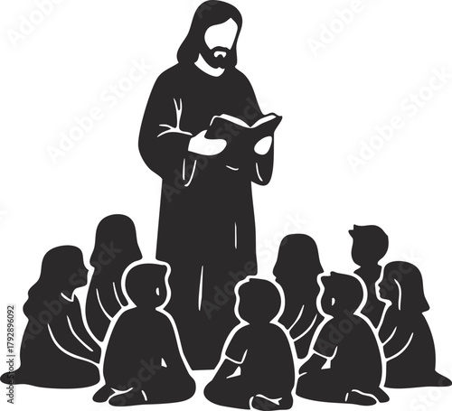 Jesus Christ reading the bible book to kids sitting around 
