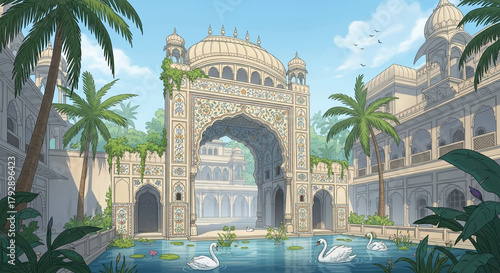 Ornate ancient indian palace courtyard with a large archway, reflecting pool, and swans, surrounded by lush greenery and palm trees