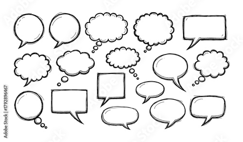 Collection of hand drawn black and white speech bubbles and thought clouds talk