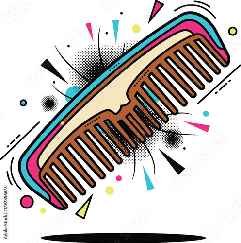 Antique Comb Pop Art Illustration Vector Icon with Hair Strands and Vibrant Shapes