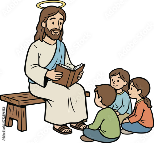 Jesus Christ reading the bible book to kids sitting around 