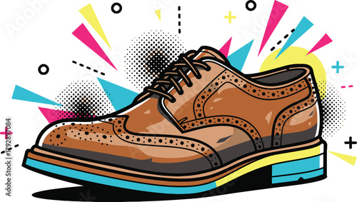 Old Leather Brogue Shoe Pop Art Illustration Vector, Classic Menswear Footwear Icon with Colorful Retro Memphis Style Background, Fashion Graphic Design Element