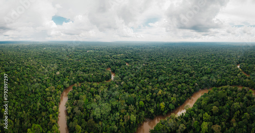Aerial view of a sinuous, muddy river snaking through a dense, emerald rainforest canopy under a vast, cloudy sky, Tipishca, Sucumbios, Ecuador.
