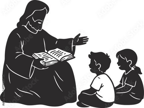 Jesus Christ reading the bible book to kids sitting around 