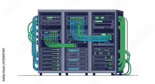 Modern server rack setup with organized blue and green network cables connecting various data center equipment