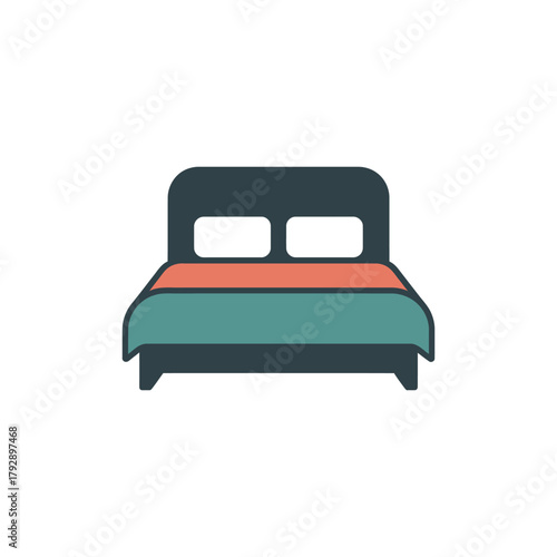 A minimalist illustration of a bed with pillows and blankets.