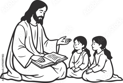 Jesus Christ reading the bible book to kids sitting around 