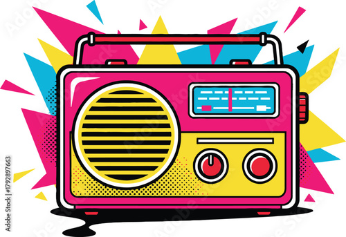 Retro portable radio or boombox with speaker grille, knobs, and antenna in a bright, colorful pop art style. Vector illustration for music, communication, entertainment, and vintage technology