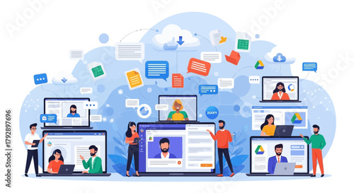 Diverse group of people collaborating remotely through video calls and cloud services on various devices