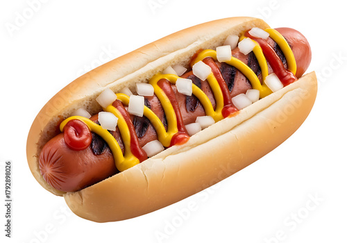 Delicious fully loaded hot dog with ketchup mustard and onions isolated on transparent background