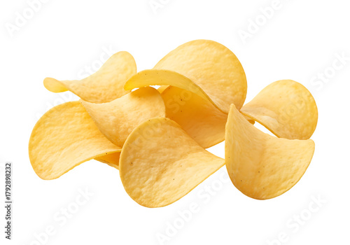 Crispy golden potato chips piled together isolated on transparent background