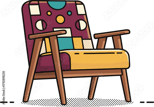 Retro mid-century modern armchair with wooden frame and geometric patterned upholstery. Vector illustration for vintage furniture, home interior, design, comfort, and classic style