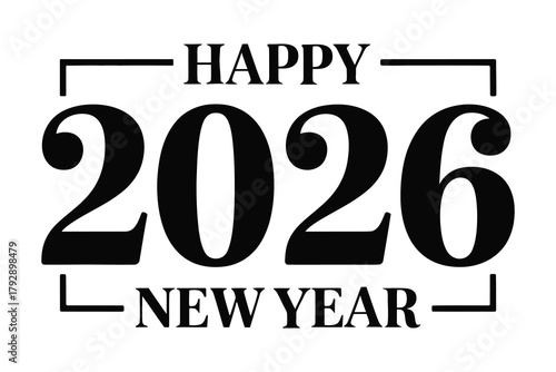 Bold black happy new year 2026 greeting design with stylized framing elements ideal for holiday promotions and celebratory messages expressing joy and anticipation