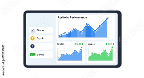 Tablet displaying portfolio performance with charts showing upward trends for stocks and cryptocurrency investments